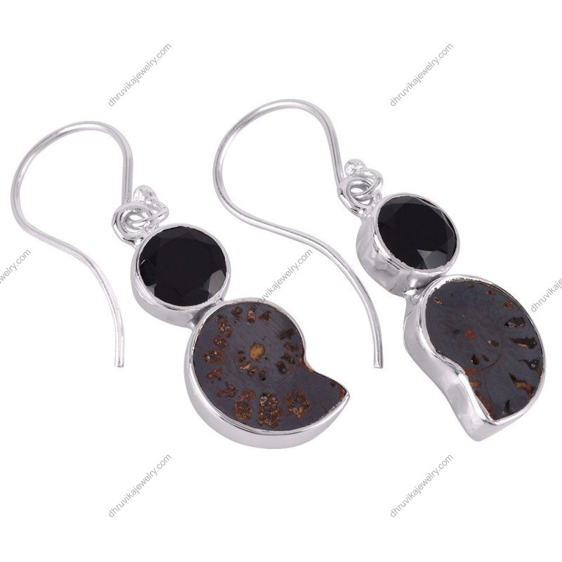 Silver fossil and black onyx dangle earrings in sterling silver setting alternate image
