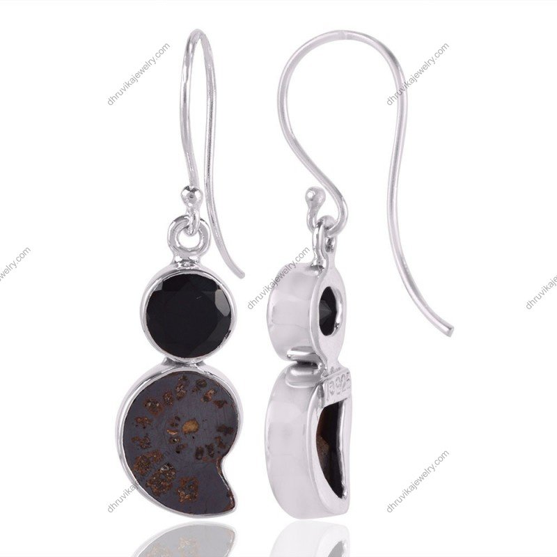 Silver fossil and black onyx dangle earrings in sterling silver setting view1