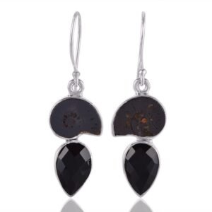 Sterling silver ammonite fossil earrings with black onyx gemstones in dangle design. main view