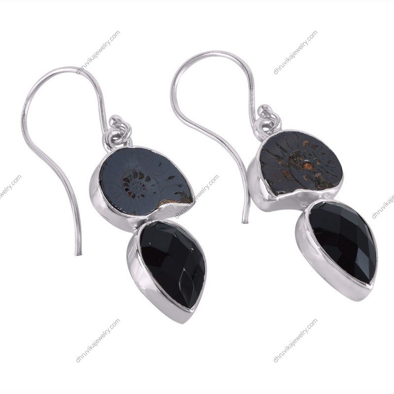 Sterling silver ammonite fossil earrings with black onyx gemstones in dangle design. alternate image