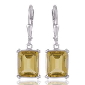 Elegant Lemon Quartz earrings in sterling silver with faceted emerald-cut gemstones main view