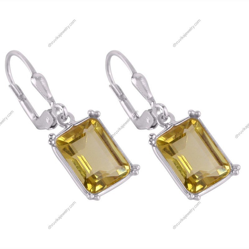 Elegant Lemon Quartz earrings in sterling silver with faceted emerald-cut gemstones alternate image