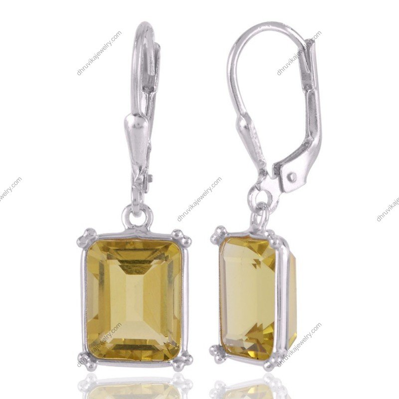 Elegant Lemon Quartz earrings in sterling silver with faceted emerald-cut gemstones view1