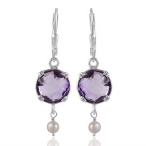 Sterling silver amethyst and pearl drop earrings with secure lever-back closure. main view