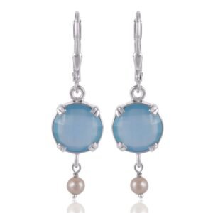 Silver dangle earrings with blue chalcedony and pearl accents main view