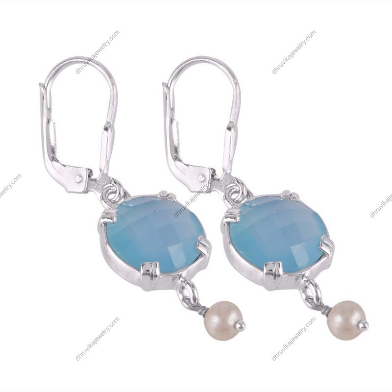 Silver dangle earrings with blue chalcedony and pearl accents alternate image