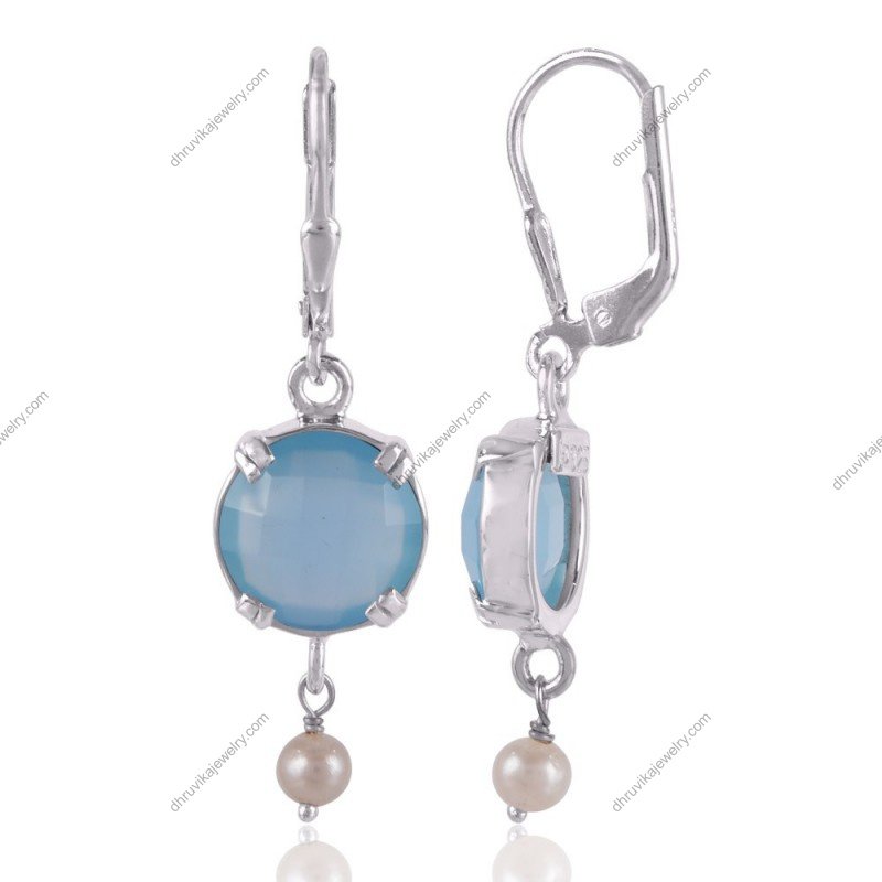 Silver dangle earrings with blue chalcedony and pearl accents view1