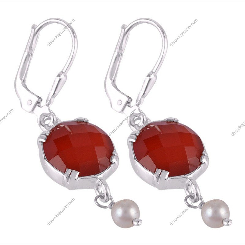 Sterling silver carnelian and pearl dangle earrings with lever-back closure alternate image