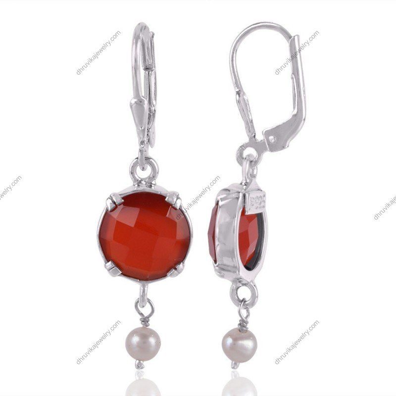 Sterling silver carnelian and pearl dangle earrings with lever-back closure view1