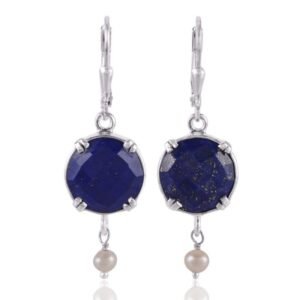 Sterling silver lapis lazuli drop earrings with pearl accents, elegant and timeless design main view