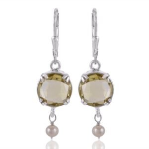 Elegant lemon quartz and pearl earrings in sterling silver with dangle design main view