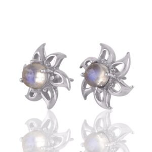 Sterling silver moonstone stud earrings with intricate floral design, glowing iridescent gemstone. main view