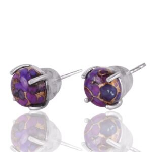 Silver purple gemstone stud earrings with marbled texture in prong setting main view