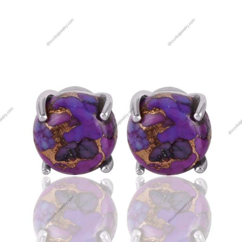 Silver purple gemstone stud earrings with marbled texture in prong setting alternate image