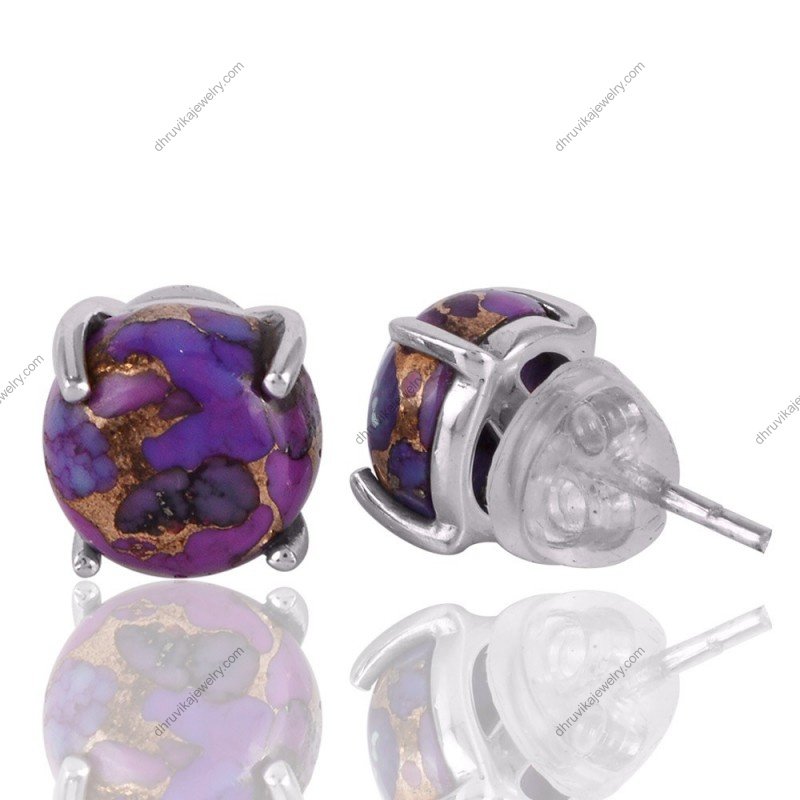 Silver purple gemstone stud earrings with marbled texture in prong setting view1