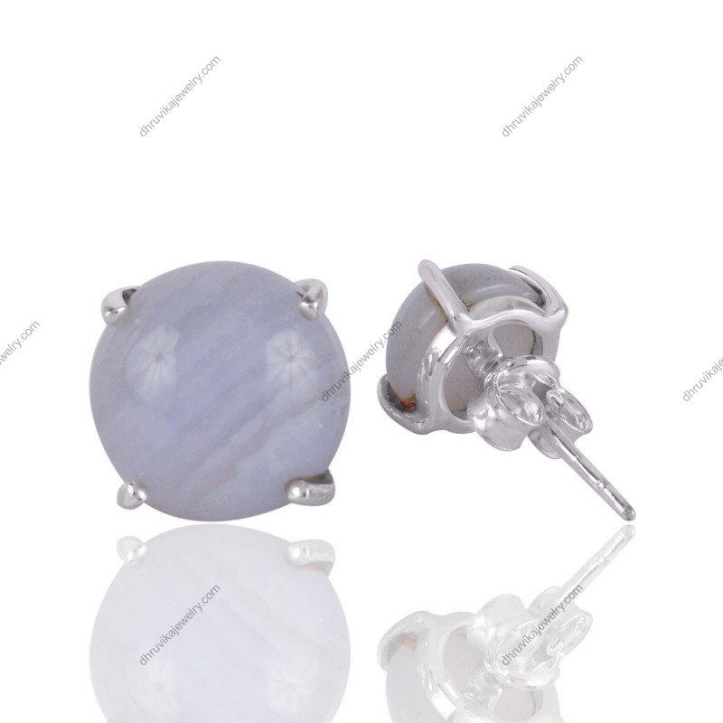 Silver blue lace agate stud earrings in sterling silver prong setting view1