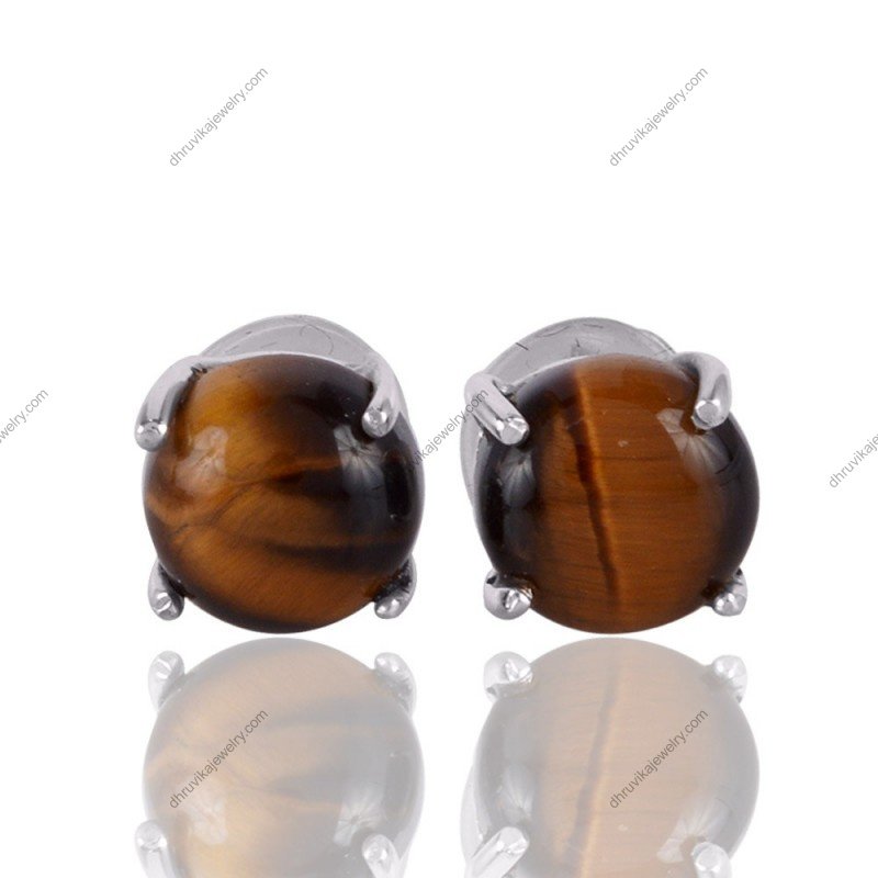 Silver Tiger's Eye stud earrings with sterling silver setting and golden-brown gemstone alternate image