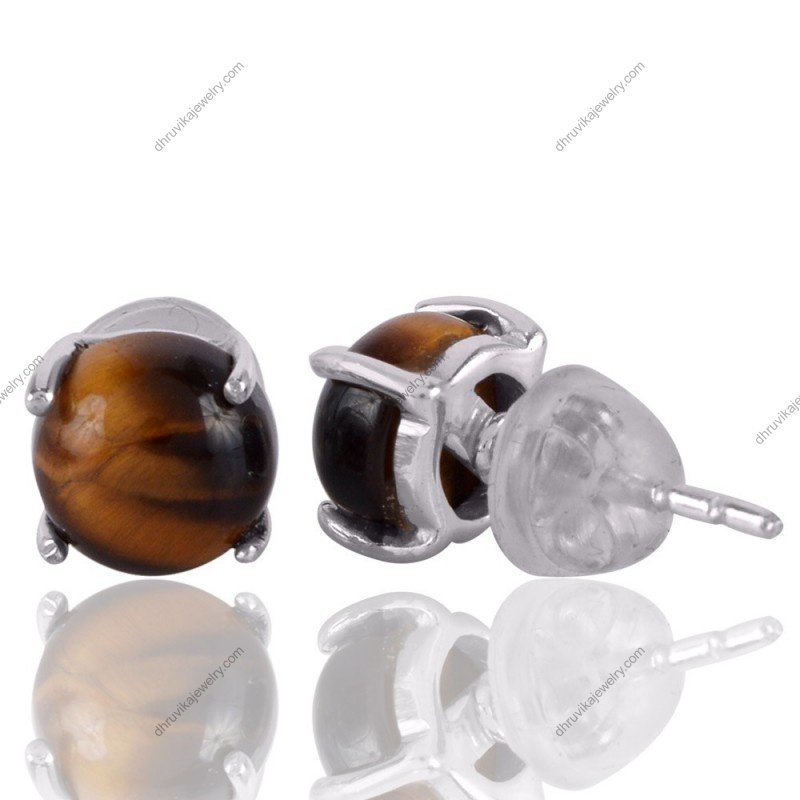 Silver Tiger's Eye stud earrings with sterling silver setting and golden-brown gemstone view1