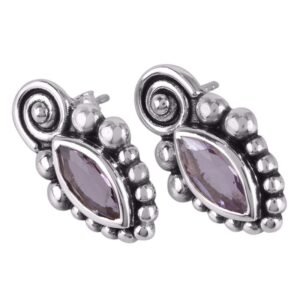 Silver gemstone stud earrings with marquise-cut stone and vintage detailing main view