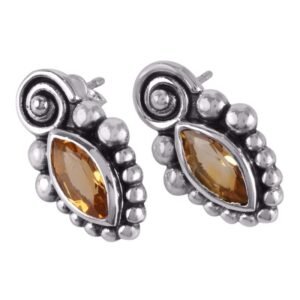 Sterling silver citrine earrings with oxidized antique design and marquise-cut gemstones main view