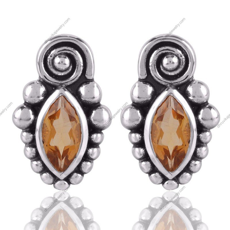 Sterling silver citrine earrings with oxidized antique design and marquise-cut gemstones alternate image