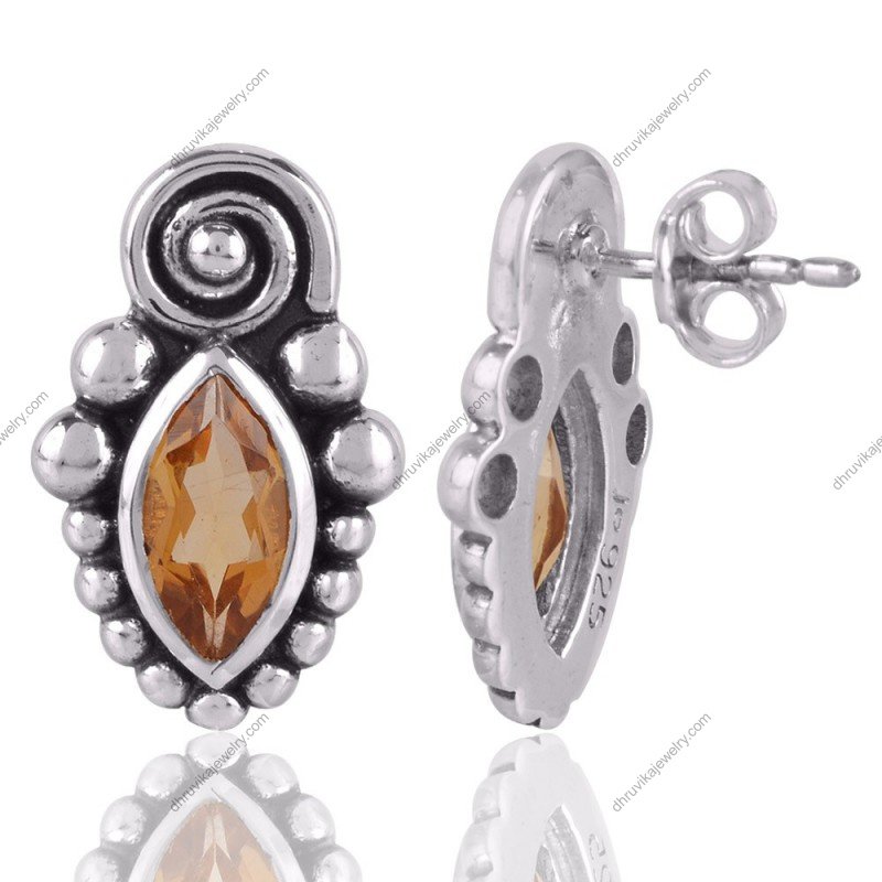 Sterling silver citrine earrings with oxidized antique design and marquise-cut gemstones view1
