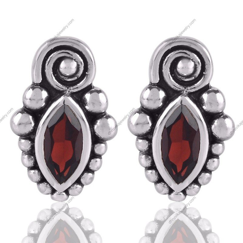 Sterling silver garnet stud earrings with vintage design and marquise-cut gemstones alternate image
