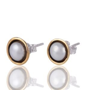 Silver pearl stud earrings with gold-plated accent on sterling silver base main view