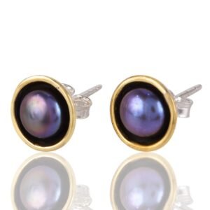 Silver pearl stud earrings with black pearls and gold accents, elegant and timeless design main view