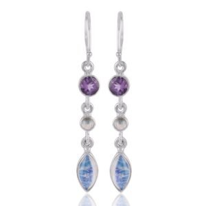 Sterling silver amethyst and moonstone dangle earrings with labradorite accents main view