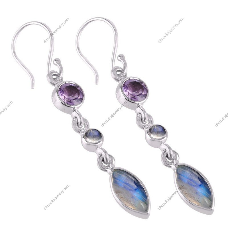 Sterling silver amethyst and moonstone dangle earrings with labradorite accents alternate image