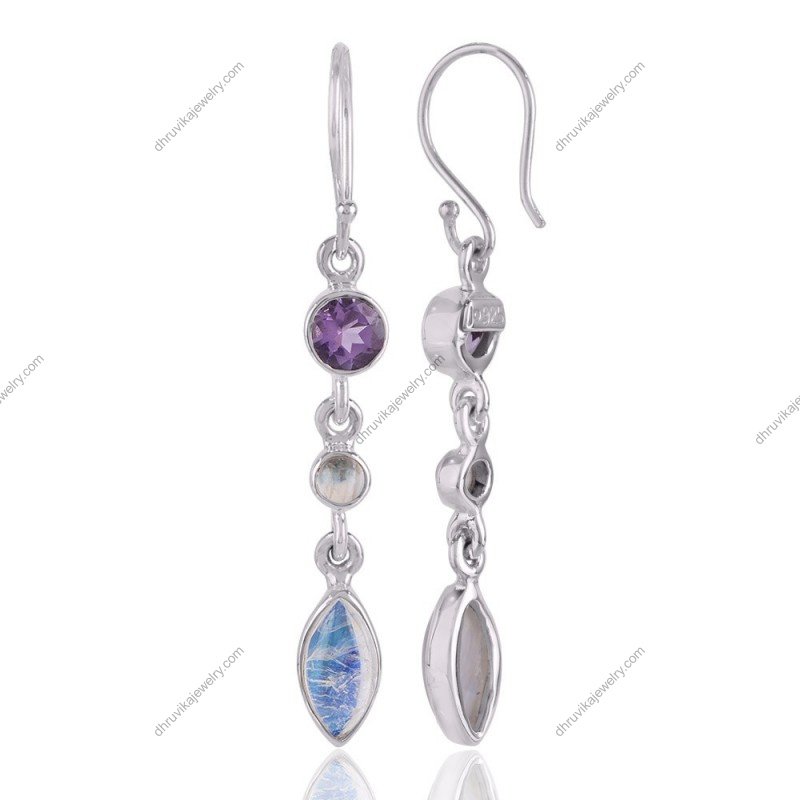 Sterling silver amethyst and moonstone dangle earrings with labradorite accents view1