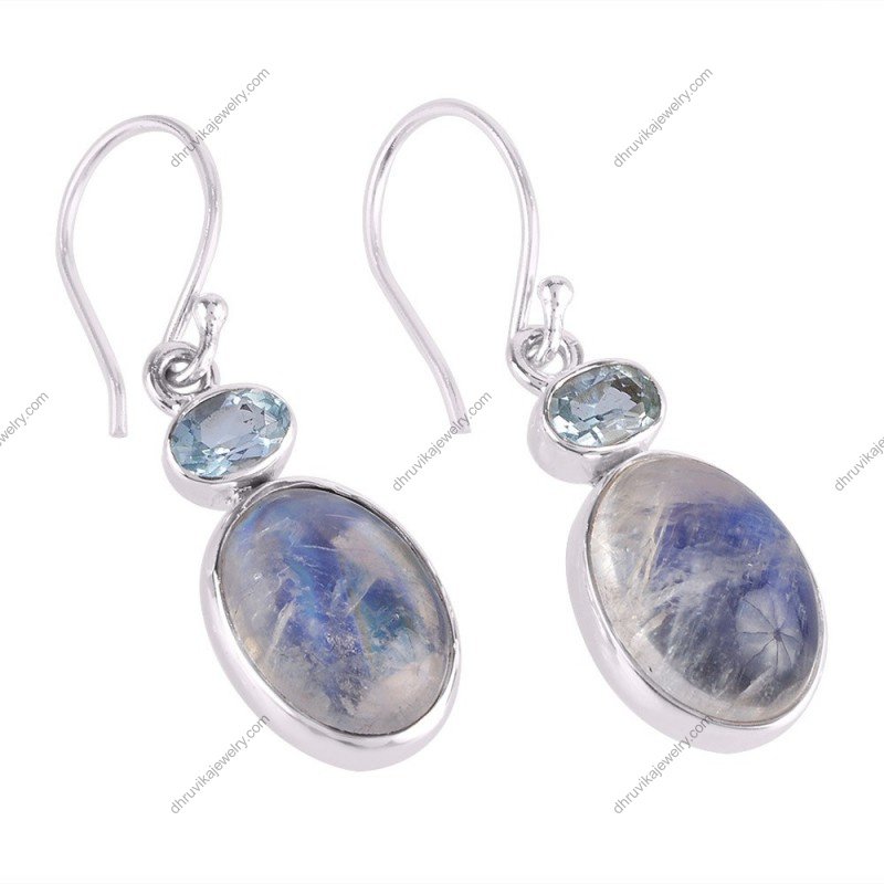 Silver moonstone earrings with blue topaz in sterling silver, handcrafted and elegant. alternate image