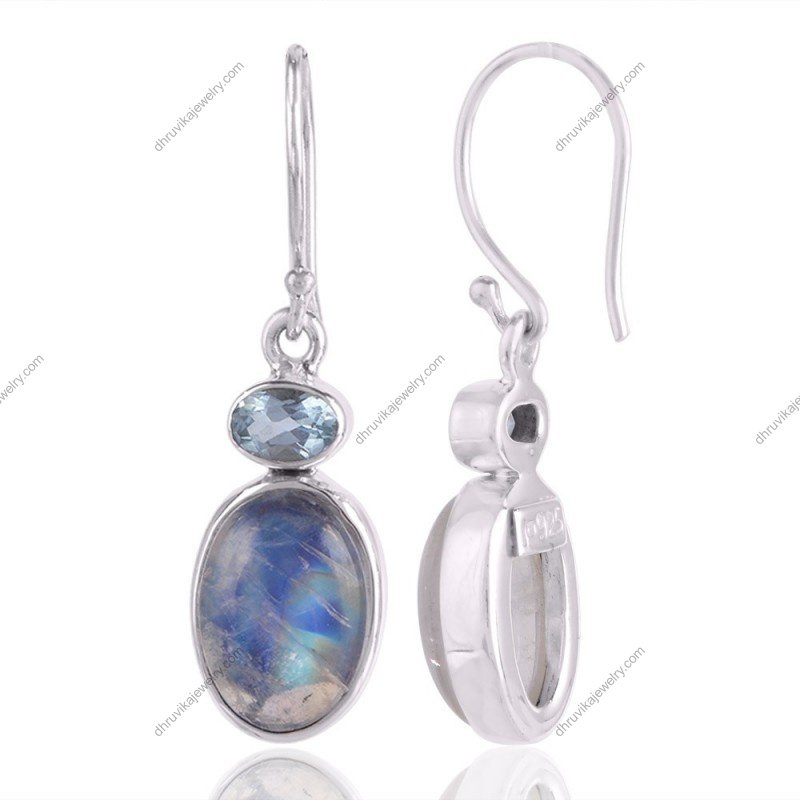 Silver moonstone earrings with blue topaz in sterling silver, handcrafted and elegant. view1