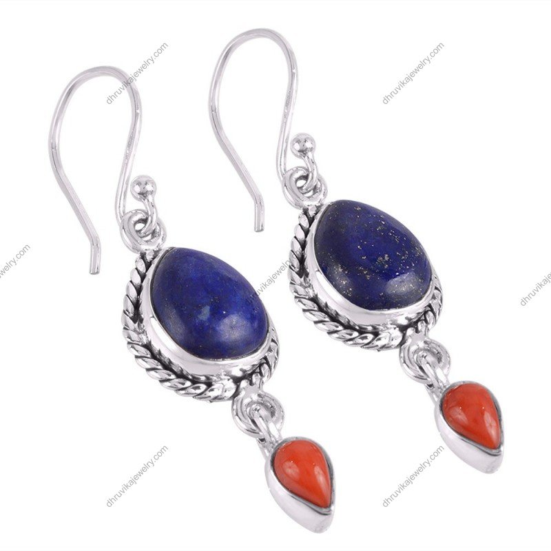 Sterling silver lapis & coral dangle earrings with teardrop gemstones and intricate detailing alternate image