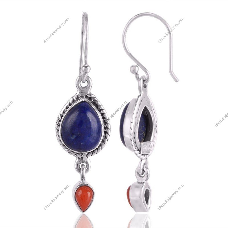 Sterling silver lapis & coral dangle earrings with teardrop gemstones and intricate detailing view1