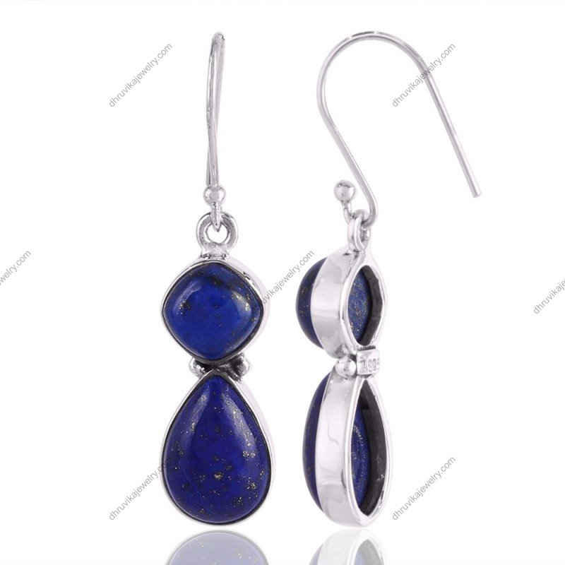 Handcrafted sterling silver lapis lazuli drop earrings with natural blue gemstones view1