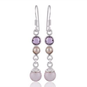 Elegant silver drop earrings with amethyst, pearl, and rose quartz set in sterling silver. main view