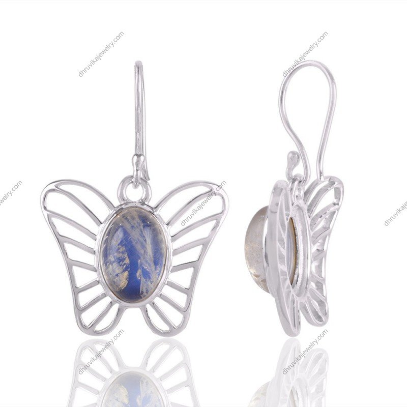 Sterling silver butterfly earrings with moonstone gemstone, handcrafted nature-inspired jewelry view1