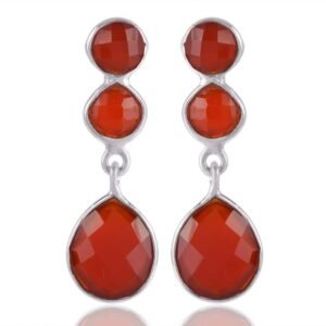 Handmade silver carnelian drop earrings with faceted gemstones in sterling silver setting main view