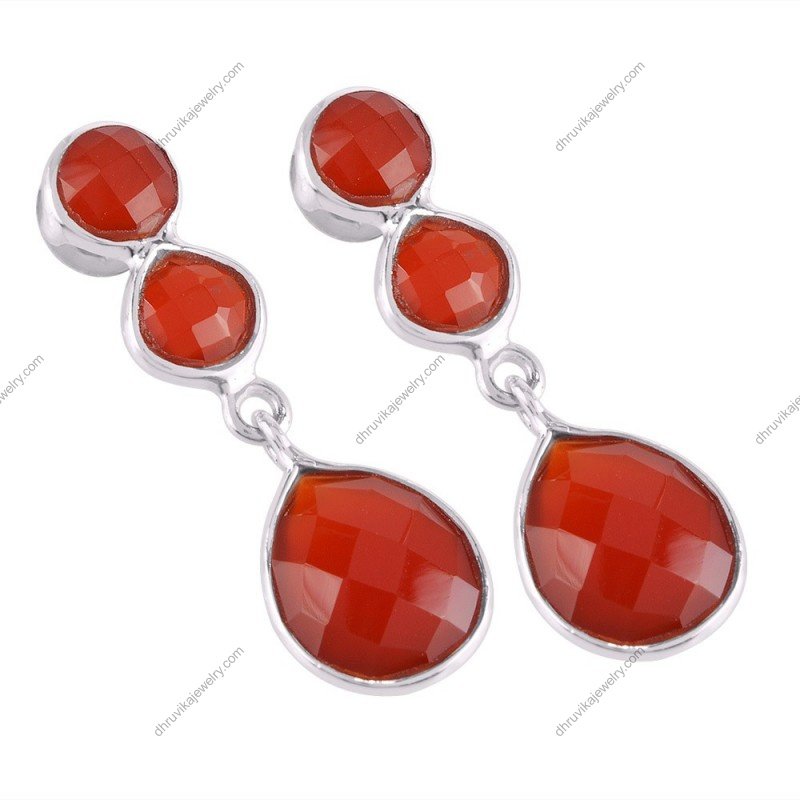 Handmade silver carnelian drop earrings with faceted gemstones in sterling silver setting alternate image