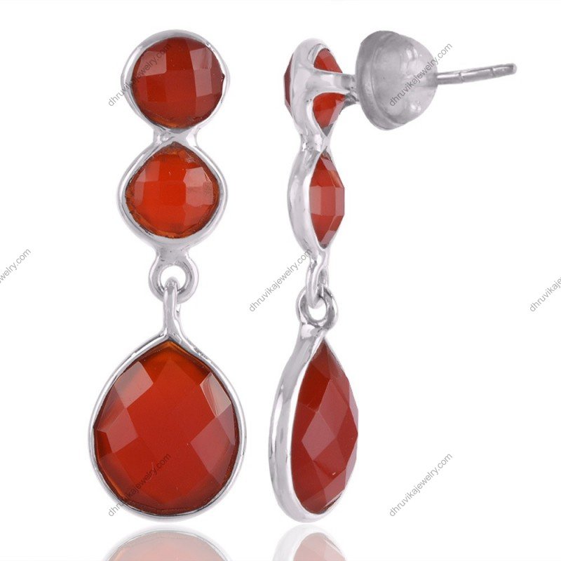 Handmade silver carnelian drop earrings with faceted gemstones in sterling silver setting view1
