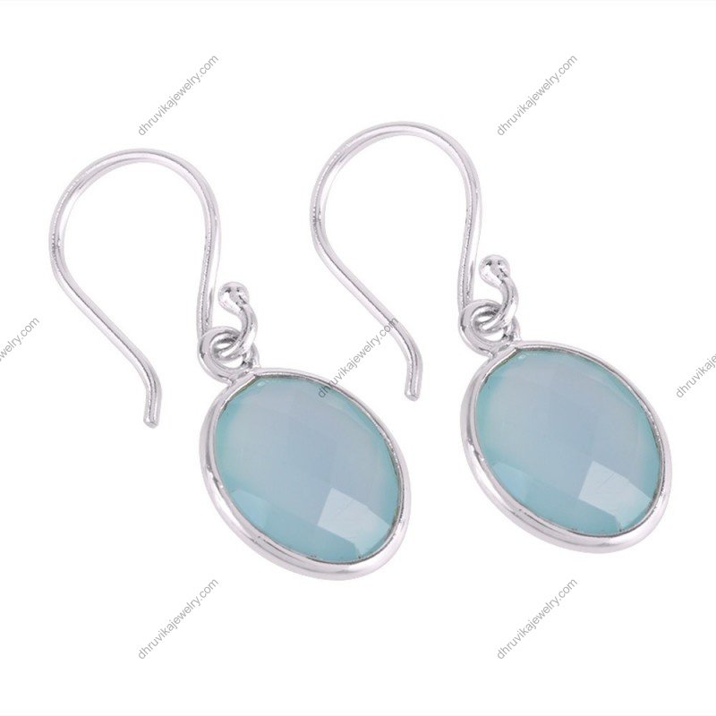 Sterling silver aqua chalcedony drop earrings with faceted gemstones in minimalist bezel setting alternate image