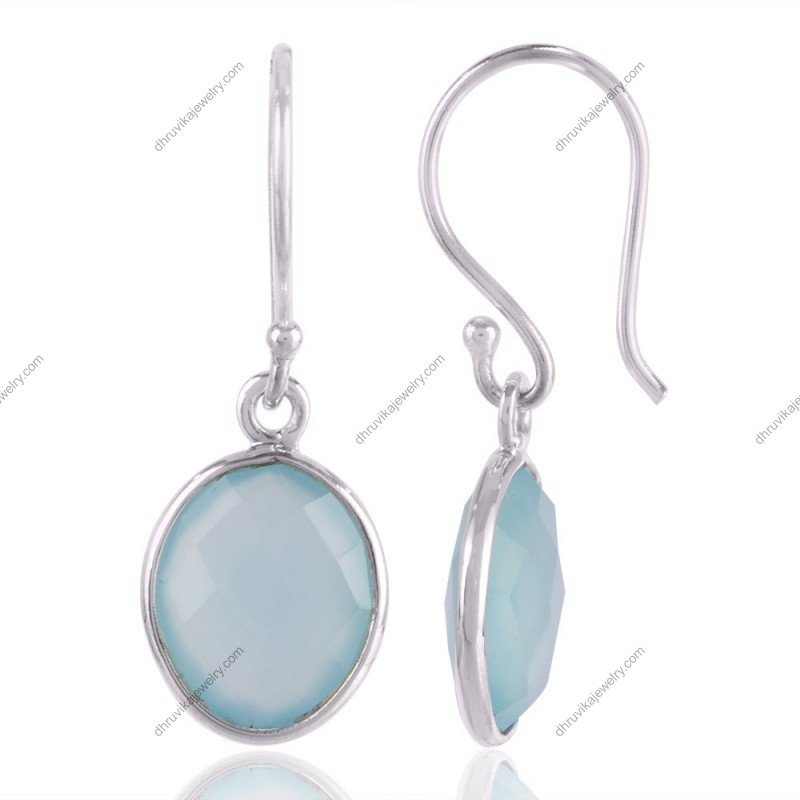 Sterling silver aqua chalcedony drop earrings with faceted gemstones in minimalist bezel setting view1