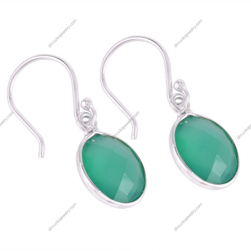 Silver green onyx dangle earrings with faceted gemstone and sterling silver hooks alternate image