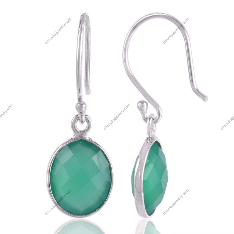 Silver green onyx dangle earrings with faceted gemstone and sterling silver hooks view1