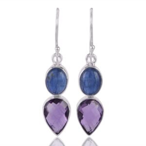 Sterling silver kyanite and amethyst dangle earrings with a handcrafted artisan touch main view