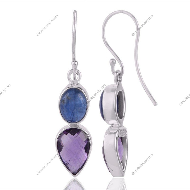 Sterling silver kyanite and amethyst dangle earrings with a handcrafted artisan touch view1