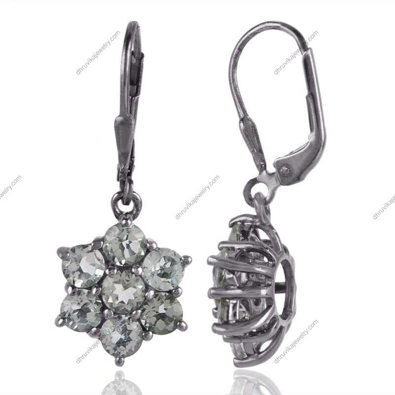 Green amethyst drop earrings in floral design with sterling silver lever-back clasps view1
