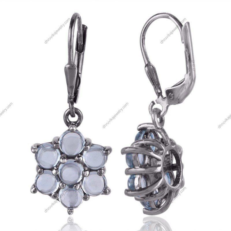 Elegant blue topaz dangle earrings in sterling silver with floral gemstone cluster design view1